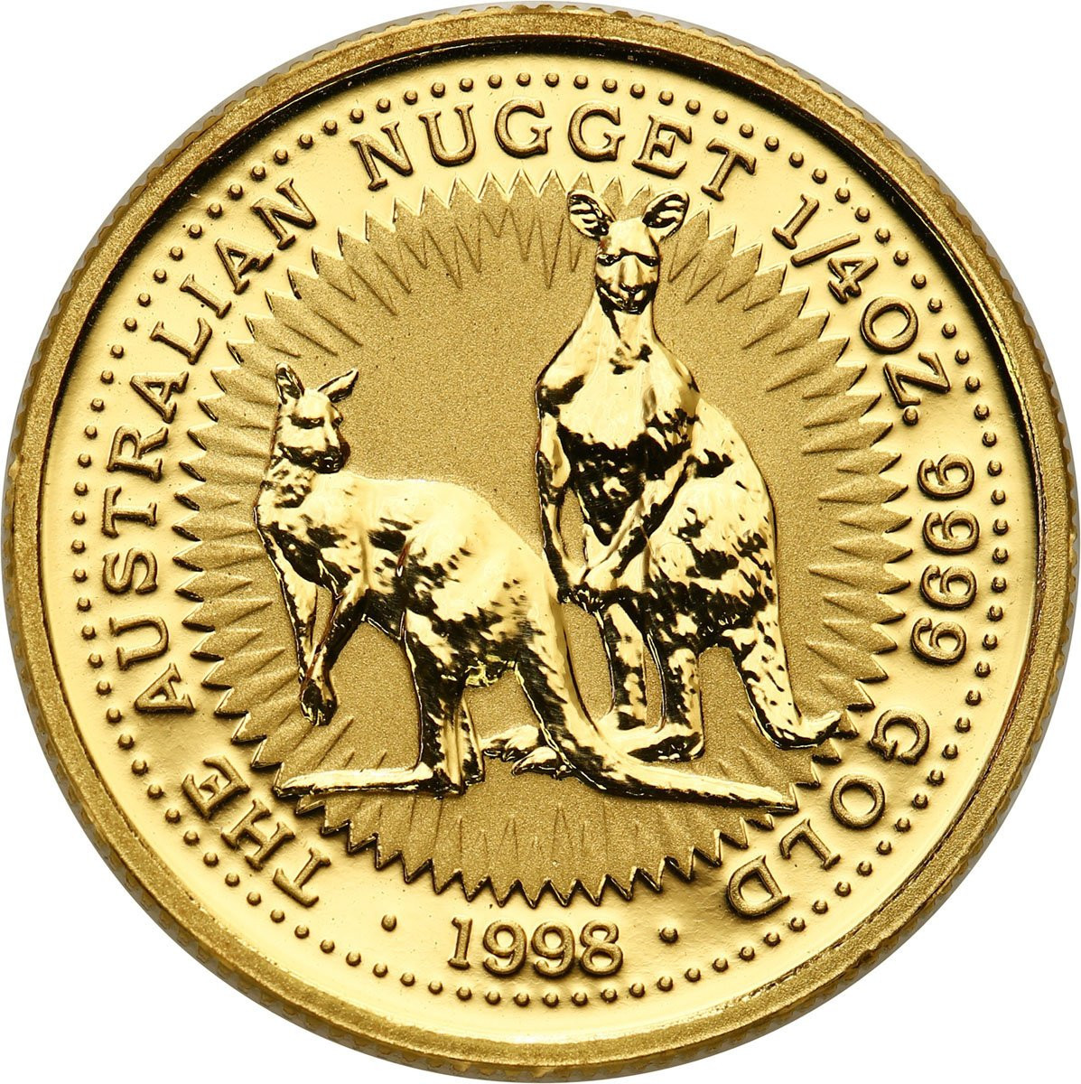 Australia. Elżbieta II 25 Dolarów 1998 KANGURY – 1/4 uncji złota
